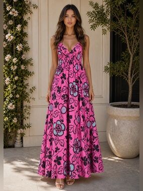 Zara Pink Floral Smocked Midi Dress Strappy A-Line Pockets Womens XS New NWT